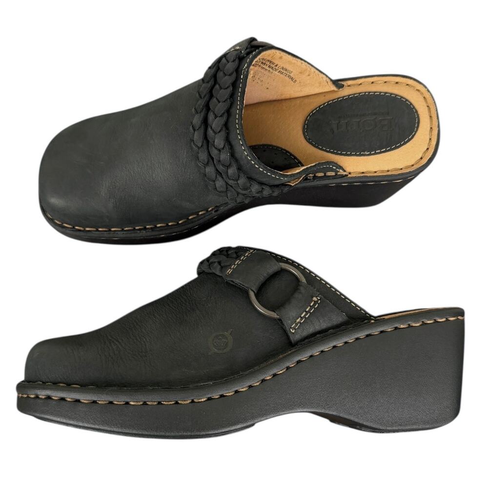Born Black Leather Clogs Slip-On Block Heel Shoes Size 7 Classy Y2K Inspired NEW